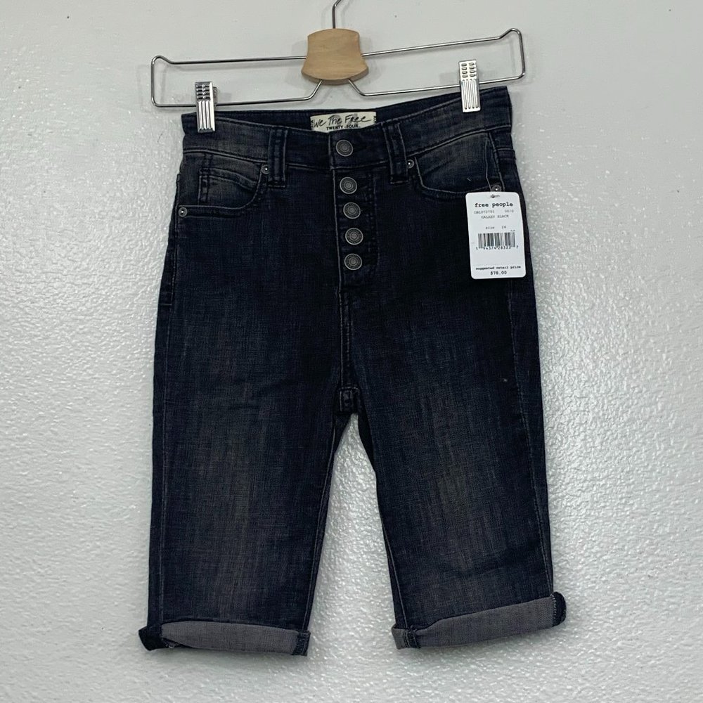 We The Free Black Denim Cuffed Hem Bermuda Shorts